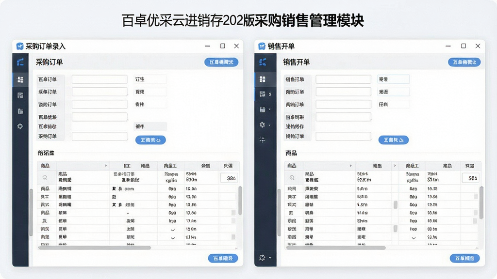 一张展示百卓优采云进销存2022版采购销售管理模块的界面截图风格图片,主体为软件中的采购订单录入窗口与销售开单窗口并排展示,布局为左右双窗口对照,排版中每个窗口内包含表单字段与商品明细表格,风格为清爽浅色系办公软件界面,细节上按钮带有轻微圆角,表格线条细腻,画质高清,干净整洁,画面中不出现杂乱文字