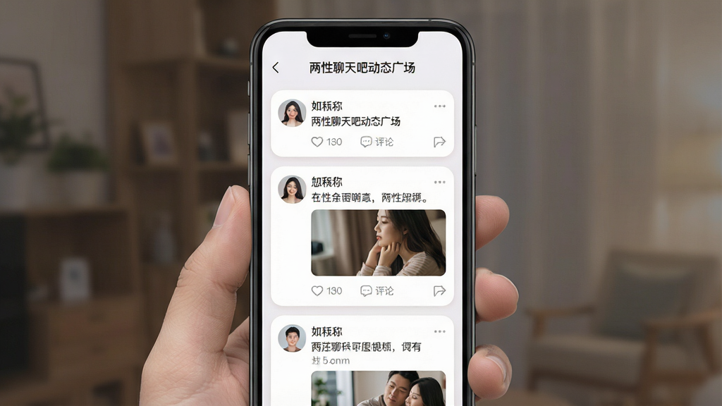 一张展示两性聊天吧动态广场板块的示意图,画面中央为手机屏幕,屏幕上显示动态信息流,每条动态包含用户头像、昵称、文字内容和配图,下方有点赞和评论图标,布局为纵向列表,风格为柔和圆角卡片设计,细节包括头像为圆形、配图缩略图清晰,画质高清,干净无多余元素,图片中文字标注为“两性聊天吧动态广场”