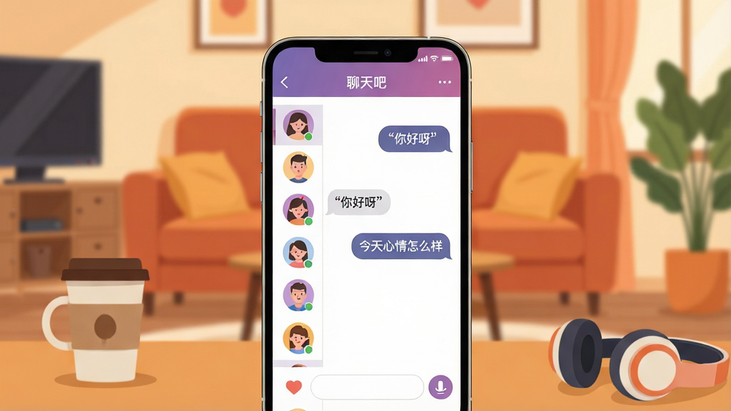 一张展示两性聊天吧软件核心全貌的场景图,画面中央是一部竖屏智能手机,手机屏幕上显示着两性聊天吧的聊天界面,左侧是用户头像列表,右侧是正在进行的对话气泡,背景为温馨的暖色调客厅环境,布局上手机占据画面主体,周围散落着咖啡杯和耳机,排版简洁清晰,风格为现代扁平化插画,细节包括聊天气泡中的文字用引号标注为“你好呀”和“今天心情怎么样”,画质为高清4K,干净无多余元素
