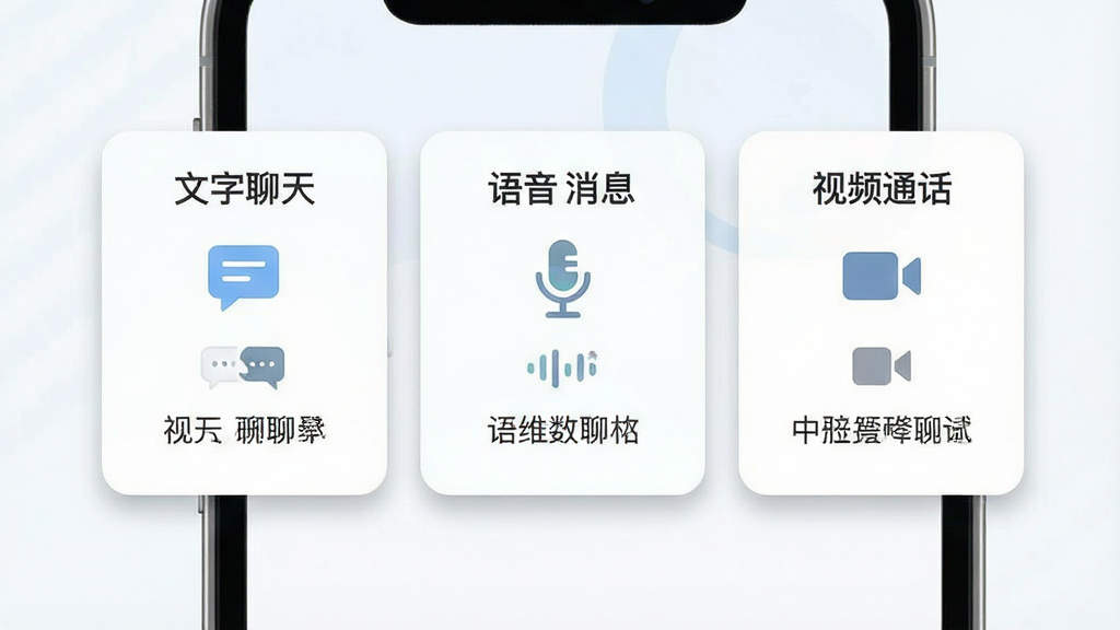 一张展示两性聊天吧多维度聊天方式的界面图,画面主体为手机屏幕特写,屏幕内并排展示三个功能卡片,分别标注为“文字聊天”“语音消息”“视频通话”,卡片下方有对应的图标和简短说明,布局为横向排列,风格为清新浅色系UI设计,细节包括卡片边缘有柔和阴影,画质高清,干净无多余元素