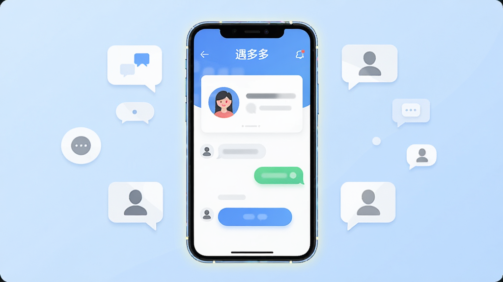 画面中央放置一部智能手机,手机屏幕上显示“遇多多”应用主界面,界面包含用户头像卡片和聊天按钮,手机周围环绕多个简约风格的聊天气泡图标和人物剪影,布局采用居中对称构图,排版干净整洁,风格为现代扁平化UI插画,细节上手机边框带有微光效果,背景为浅蓝色渐变,画质高清,干净,无多余元素