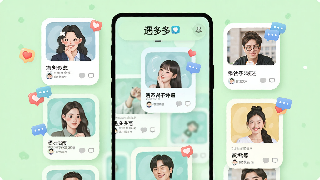 画面中心为“遇多多”动态广场界面,多个方形图文卡片错落排列形成瀑布流,卡片上有人物照片和文字描述,周围点缀点赞爱心和评论气泡图标,布局为瀑布流式,排版错落有致,风格为清新社区插画,细节上卡片圆角柔和,背景为浅绿色,画质高清,干净,无多余元素