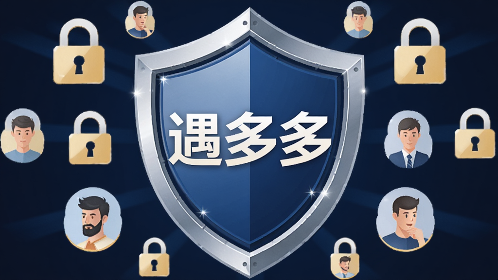 画面主体为一个盾牌图标中央写有“遇多多”字样,盾牌周围环绕锁形图标和用户头像,布局为居中放射状,排版稳重对称,风格为安全防护主题插画,细节上盾牌带有金属质感高光,背景为深蓝色,画质高清,干净,无多余元素