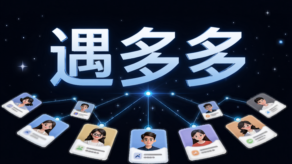 画面主体为“遇多多”四个大字悬浮在中央,下方排列多个用户头像卡片呈扇形展开,卡片之间用发光线条连接形成网络状,布局为上下结构,排版层次分明,风格为科技感社交主题插画,细节上线条带有蓝色光晕,背景为深色星空,画质高清,干净,无多余元素