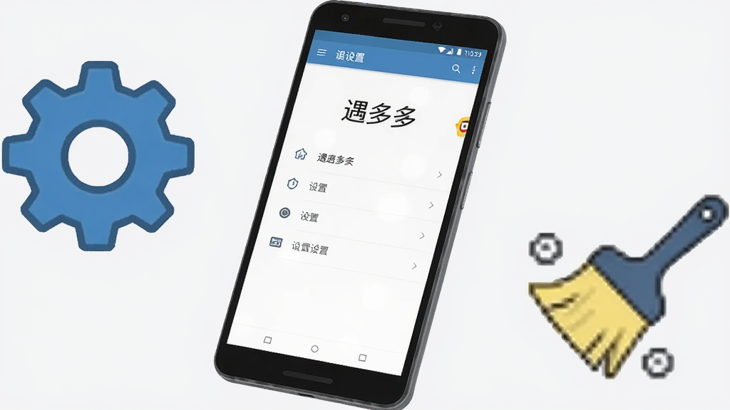画面中央为一部安卓手机,手机屏幕显示“遇多多”设置界面,屏幕旁边放置齿轮图标和清理刷图标,布局为左右结构,排版简洁,风格为手机操作指南插画,细节上手机带有轻微倾斜角度,背景为浅灰色,画质高清,干净,无多余元素