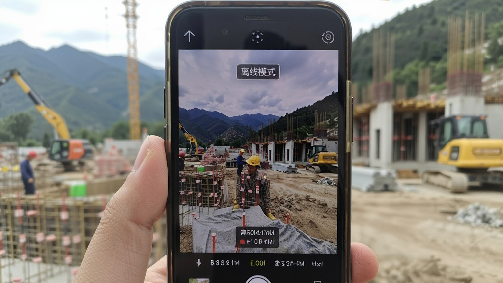 工程水印拍照相机离线拍摄场景图,画面中一部手机在无网络信号的山区工地拍摄,手机屏幕上显示
