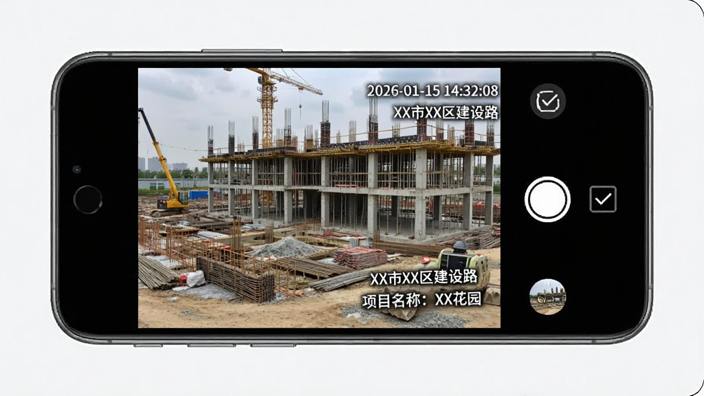 工程水印拍照相机功能展示图,画面中一部手机正在拍摄建筑工地,照片上清晰显示