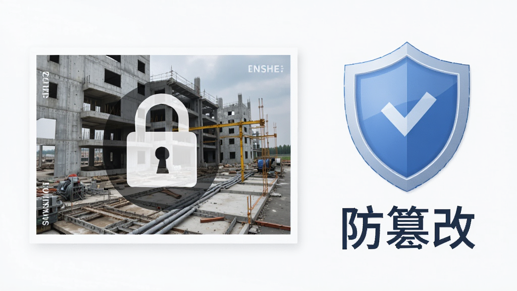 工程水印拍照相机防篡改功能示意图,画面中一张带水印的工程照片旁边有一个盾牌图标和