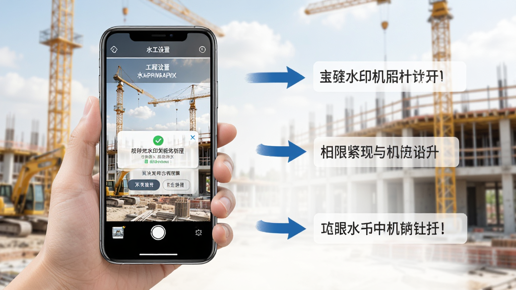 工程水印拍照相机使用教程示意图,画面中一只手拿着手机在建筑工地拍照,手机屏幕上显示水印设置选项和权限授权弹窗,旁边有箭头标注操作步骤,整体风格简洁明了,画质清晰干净