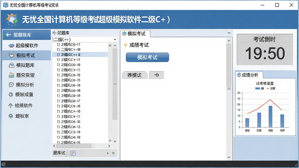 一张展示无忧全国计算机等级考试超级模拟软件(二级C++)主界面的图片,主体为电脑屏幕上的软件窗口,布局为左侧功能菜单、中间答题区域、右侧考试倒计时,排版简洁清晰,风格为写实软件截图风格,细节包含题库列表、模拟考试按钮、成绩分析图表,画质清晰,干净,无多余元素