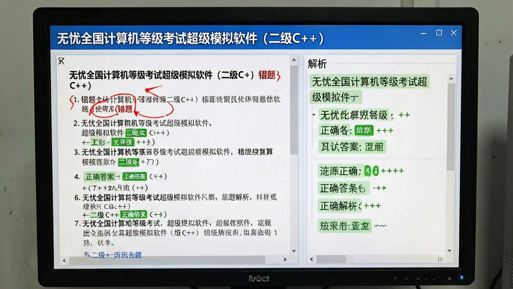 一幅展示无忧全国计算机等级考试超级模拟软件(二级C++)错题解析页面的图片,主体为电脑屏幕上的题目与解析文本,布局为左侧题目、右侧解析与知识点标签,排版清晰,风格为学习软件界面风格,细节包含“无忧全国计算机等级考试超级模拟软件(二级C++)”名称、红色错题标记、绿色正确答案,画质清晰,干净,无多余元素