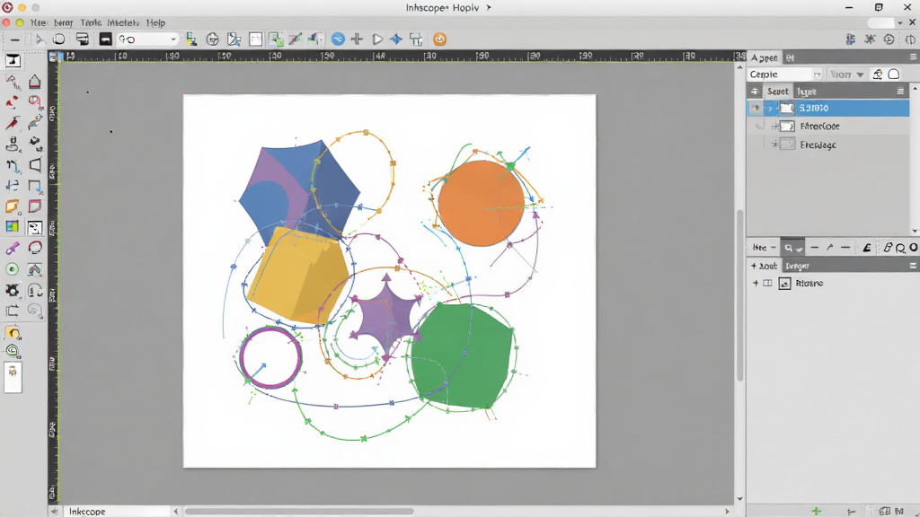 一张展示 Inkscape 软件界面的全景图,画面中央是打开的矢量绘图工作区,左侧为工具栏,右侧为图层与属性面板,画布上绘制着彩色几何图形与曲线路径,整体风格简洁专业,采用柔和的浅色背景,细节清晰,画质干净,无多余元素
