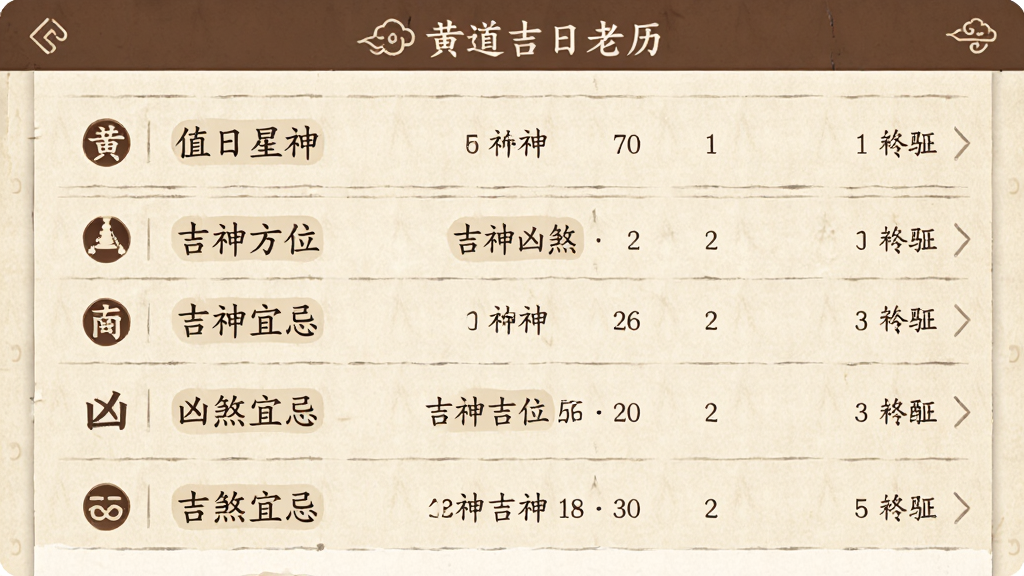 主体为黄道吉日老黄历应用中的吉神凶煞信息面板,画面以列表形式展示值日星神、吉神方位、凶煞宜忌等条目,左侧配以小型图标标识,背景为米白色仿古纸张纹理,布局采用纵向滚动列表样式,风格为简约中式UI设计,细节上文字排版工整,画质清晰干净,无多余元素。