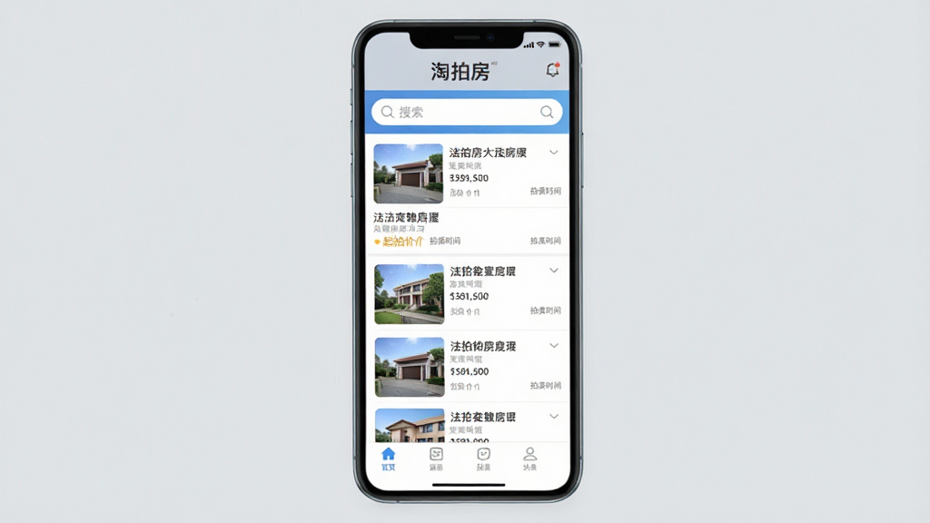 一张展示手机屏幕的图片,屏幕中显示“淘拍房”应用的主界面,界面布局清晰,上方有搜索栏,中间有法拍房源列表,每套房源配有缩略图、标题、起拍价和拍卖时间,底部有导航栏,整体风格简洁现代,背景为浅灰色,画质清晰,干净无多余元素