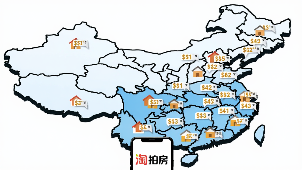 一幅AI生成的图片,主体是一个巨大的中国地图轮廓,地图上散布着许多小房子图标,每个图标旁边有价格标签,地图下方有一部手机,手机屏幕上显示“淘拍房”字样,布局简洁,风格扁平化,细节清晰,画质干净,无多余元素
