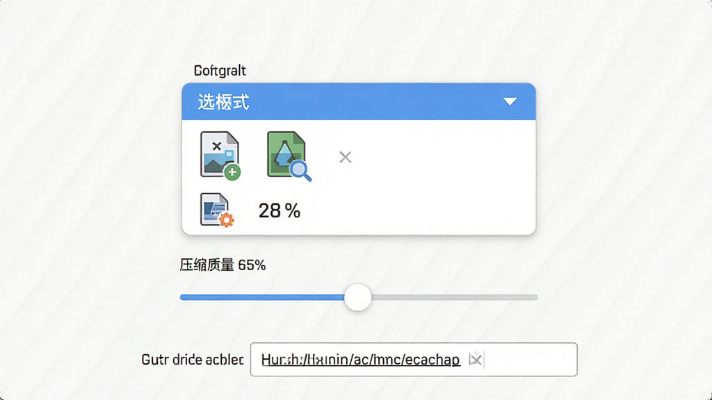 一张展示图片批量处理器格式转换功能的操作界面图,主体为格式选择下拉菜单与压缩质量滑块,布局居中,排版简洁,风格为扁平化设计,细节包括格式图标、质量百分比数值、输出文件夹路径,画质高清,画面干净,无多余元素。