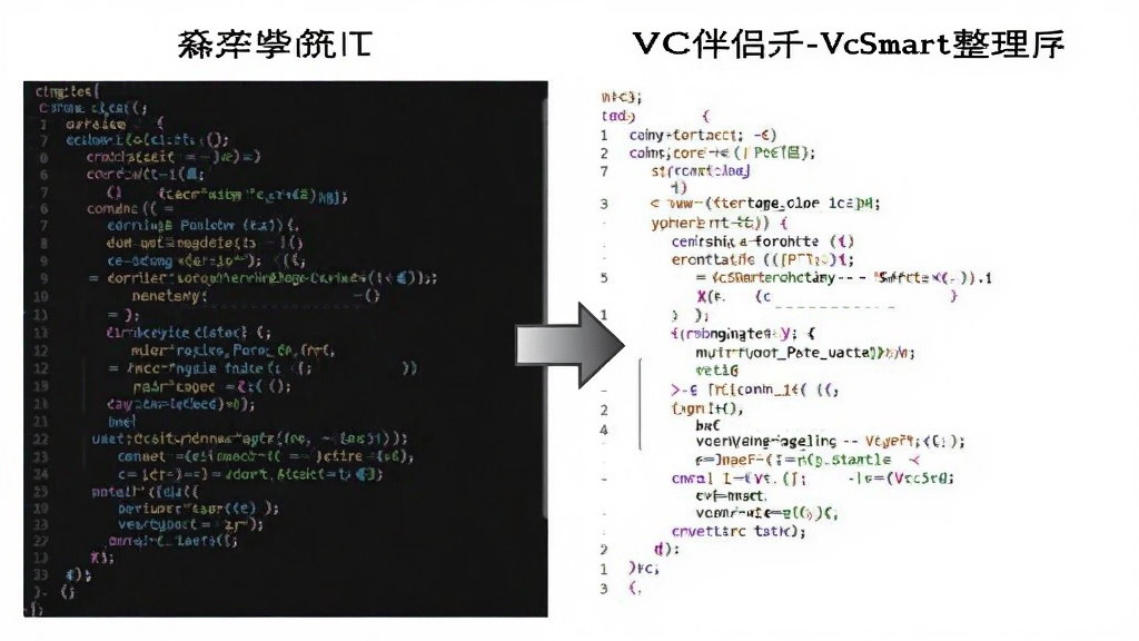 一幅展示代码格式化前后的对比图,画面左侧是杂乱缩进的代码,右侧是VC伴侣--VcSmart整理后整齐排列的代码,中间有箭头指示,风格为技术说明图,色调以白色背景和深色代码文字为主,画质清晰,布局简洁,无多余元素