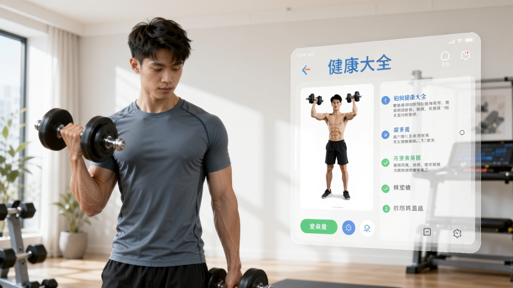 一位身穿运动服的年轻男性在明亮的居家健身区域手持哑铃做弯举动作,旁边悬浮着半透明的哑铃健康大全应用界面,界面中显示动作示范图和文字要点标注,整体布局左侧为人物动作展示,右侧为软件界面特写,风格现代运动感强,细节清晰,画质高清,干净无多余元素