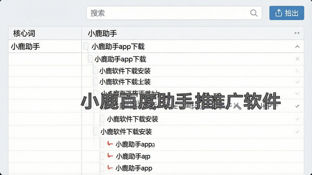 一张展示关键词挖掘功能的界面截图,画面中是一个数据表格,左侧列出核心词“小鹿助手”,右侧展开大量长尾词如“小鹿助手app下载”、“小鹿软件下载安装”等,表格上方有搜索框和导出按钮,背景为浅灰色,风格为简约商务,布局清晰,画质干净无多余元素,图片中文字标注“小鹿百度助手推广软件”