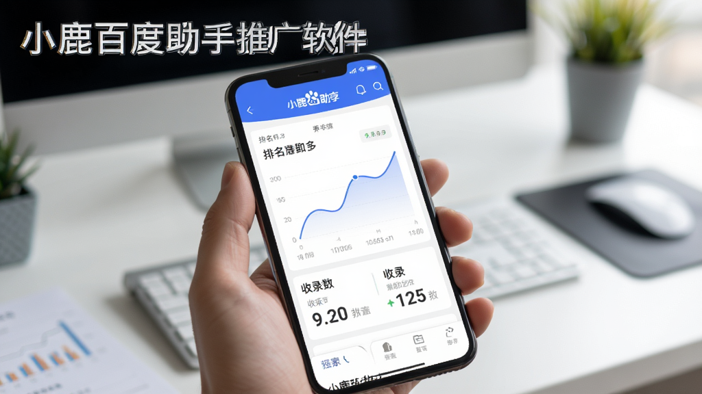 一张展示手机端查看数据报表的图片,画面中一只手拿着智能手机,屏幕上显示小鹿百度助手推广软件的移动端界面,包含排名曲线和收录数字,背景为模糊的办公桌面,风格为生活化科技感,布局简洁,画质清晰无多余元素,图片中文字标注“小鹿百度助手推广软件”