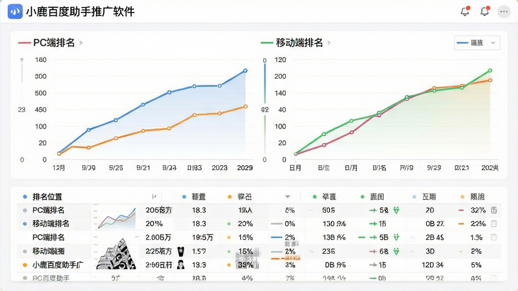 一张展示数据报表与排名追踪功能的图片,画面中央是两条折线图,一条代表PC端排名,一条代表移动端排名,横轴为日期,纵轴为排名位置,图表下方有详细数据表格,背景为白色,风格为现代数据可视化,布局清晰,画质干净无多余元素,图片中文字标注“小鹿百度助手推广软件”