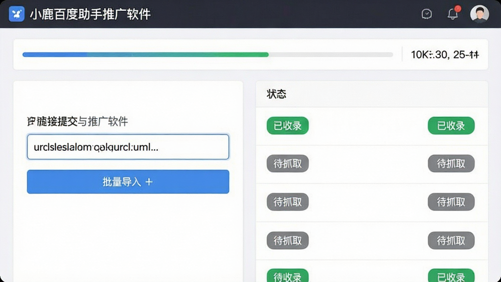 一张展示链接提交与收录监控面板的图片,画面左侧为URL输入框和批量导入按钮,右侧为状态列表,绿色标签表示已收录,灰色表示待抓取,顶部有进度条和统计数字,背景干净,风格为清爽素雅,布局规整,画质清晰无多余元素,图片中文字标注“小鹿百度助手推广软件”