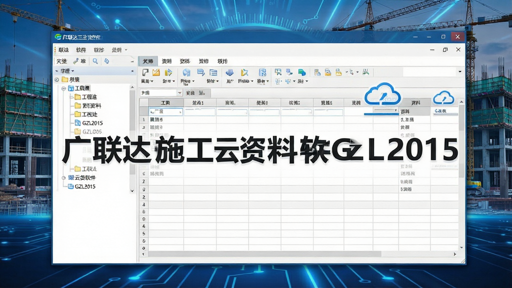 一张展示广联达施工云资料软件GZL2015主界面的图片,画面中央是软件名称“广联达施工云资料软件GZL2015”的清晰文字标题,背景为现代化建筑工地与蓝色科技光效结合,主体为软件操作界面截图风格,布局左侧为工程树目录、右侧为资料表格编辑区,排版整齐,风格专业商务,细节包含表格线条、工具栏图标、云同步标识,画质高清,干净,无多余元素