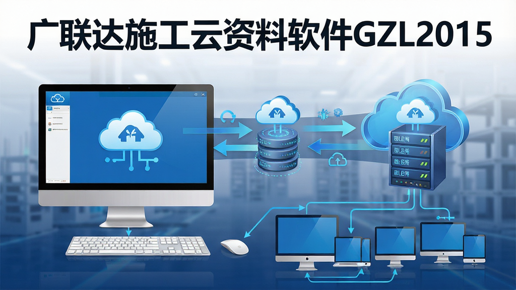 一张展示广联达施工云资料软件GZL2015云端同步功能的图片,画面主体为软件名称“广联达施工云资料软件GZL2015”文字标识,布局为电脑端与云端服务器之间的数据同步示意图,排版简洁,风格科技感,细节包含云朵图标、数据箭头、多设备连接线,画质高清,干净,无多余元素
