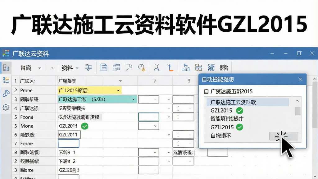 一张展示广联达施工云资料软件GZL2015智能填写功能的图片,画面主体为软件名称“广联达施工云资料软件GZL2015”文字标题,布局为表格填写界面与自动填充提示框,排版直观,风格现代办公,细节包含高亮字段、校验提示图标、鼠标光标,画质高清,干净,无多余元素