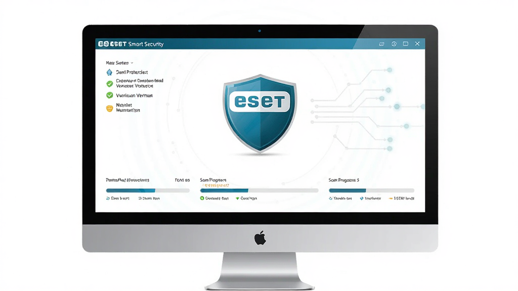 ESET Smart Security 软件主界面全景展示,主体为软件标志性的蓝色盾牌图标与简洁的白色背景,布局采用居中对称排版,风格为现代科技感与商务简约风,细节包括界面上的实时防护状态、病毒库版本号、扫描进度条等元素,画质清晰,干净无多余元素,无文字堆砌