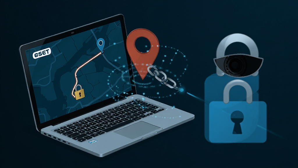 ESET Smart Security 防盗与隐私保护场景图,主体为笔记本电脑与定位图标、锁形图标组合,布局为对角线构图,风格为暗夜安全风,细节包括屏幕上显示的地图定位轨迹、加密锁链、摄像头被遮挡的示意图,画质清晰,干净无多余元素