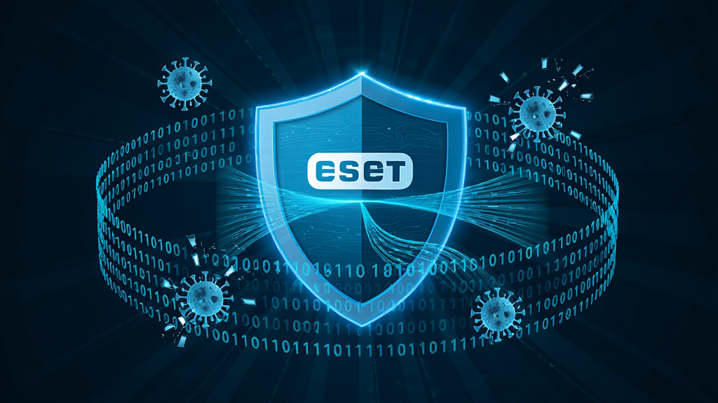 ESET Smart Security 智能威胁检测概念图,主体为发光的蓝色盾牌与环绕的二进制数据流,布局采用中心向外辐射的构图,风格为未来科技感,细节包括盾牌表面流动的扫描光线、周围漂浮的病毒图标被击碎的特效,画质超清,干净无多余元素