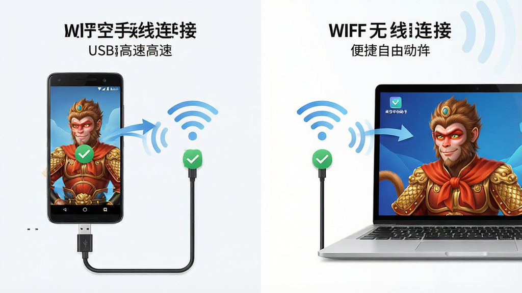 一张展示悟空手机助手双模连接功能的图片,主体为一部安卓手机与一台笔记本电脑,手机与电脑之间同时呈现USB数据线连接和WiFi信号连接两种方式的图标。布局为左右分屏对比,左侧展示USB有线连接的稳定高速,右侧展示WiFi无线连接的便捷自由。排版对称工整,风格为写实科技插画。细节包括数据流动的箭头、信号波纹、设备识别成功的勾选标记,以及“悟空手机助手”文字标识。画质高清,画面干净,无多余元素。