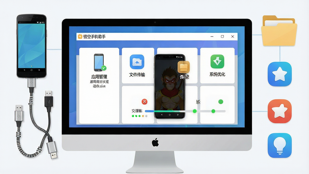 一张展示悟空手机助手软件界面的图片,主体为电脑屏幕上显示的手机管理软件窗口,窗口内包含手机设备连接状态、应用管理、文件传输、系统优化等功能模块图标。布局为居中展示软件主界面,周围环绕安卓手机、数据线、文件夹、应用图标等元素。排版简洁清晰,风格为现代科技感扁平化设计。细节包括软件界面上的“悟空手机助手”文字标识、手机屏幕镜像预览区域、进度条和状态指示灯。画质为高清,画面干净,无多余元素。