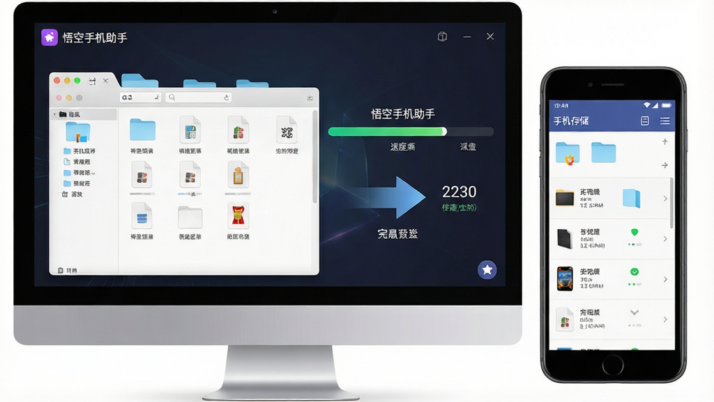 一张展示悟空手机助手文件传输功能的图片,主体为电脑与手机之间的文件传输界面,屏幕上显示传输进度条和文件列表。布局为左右结构,左侧为电脑文件夹,右侧为手机存储目录,中间有传输箭头和速度指示。排版直观明了,风格为现代简约科技风。细节包括“悟空手机助手”文字标识、文件类型图标、传输速率数值、已完成与进行中的状态标记。画质高清,画面干净,无多余元素。