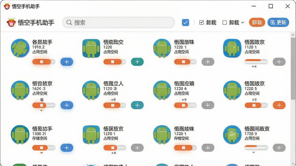 一张展示悟空手机助手应用管理界面的图片,主体为电脑屏幕上的应用列表管理窗口,窗口内整齐排列多个安卓应用图标,每个图标旁显示应用名称、占用空间和操作按钮。布局为网格状排列,顶部有搜索栏和批量操作选项。排版清晰有序,风格为清爽扁平化设计。细节包括“悟空手机助手”文字标识、勾选框、卸载与更新按钮、存储空间进度条。画质高清,画面干净,无多余元素。