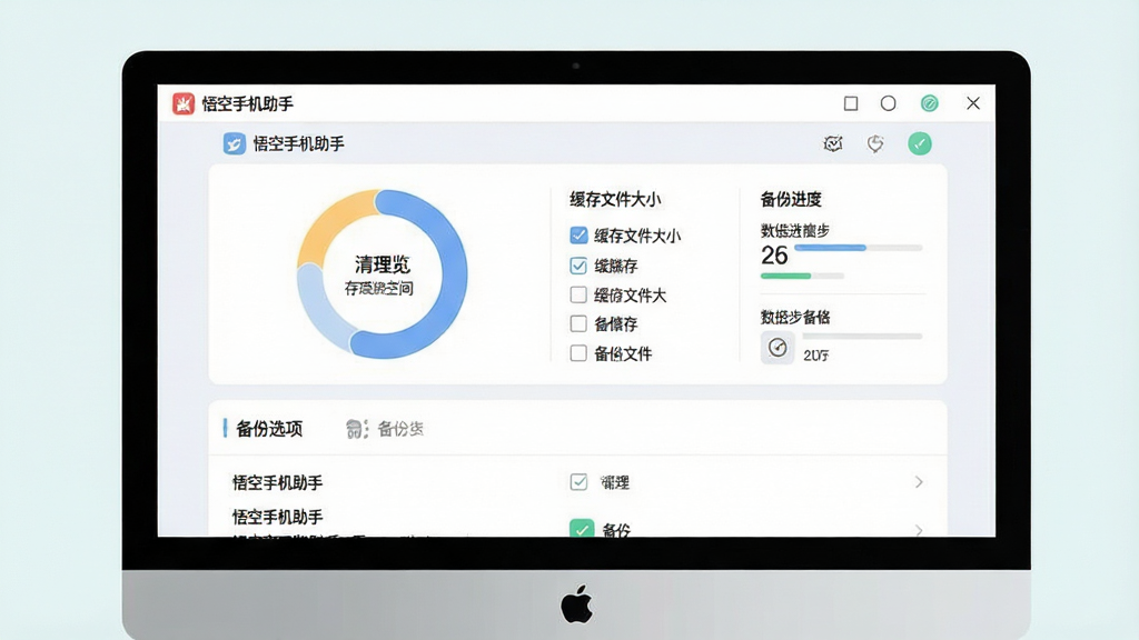一张展示悟空手机助手设备优化与数据备份功能的图片,主体为电脑屏幕上的手机清理与备份界面,界面内显示存储空间环形图、缓存文件大小、备份进度等信息。布局为上下结构,上方为清理概览,下方为备份选项列表。排版整洁,风格为柔和浅色系扁平化设计。细节包括“悟空手机助手”文字标识、清理按钮、备份勾选框、数据同步图标。画质高清,画面干净,无多余元素。