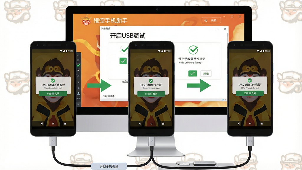 一张展示悟空手机助手连接操作步骤的图片,主体为电脑屏幕上的软件连接引导界面,画面中有一部安卓手机通过数据线连接电脑,手机屏幕上显示USB调试授权弹窗。布局为分步示意图,从左到右依次为开启USB调试、连接数据线、软件识别设备三个步骤。排版清晰易懂,风格为扁平化教程插画。细节包括“悟空手机助手”文字标识、勾选标记、箭头指示、授权允许按钮。画质高清,画面干净,无多余元素。