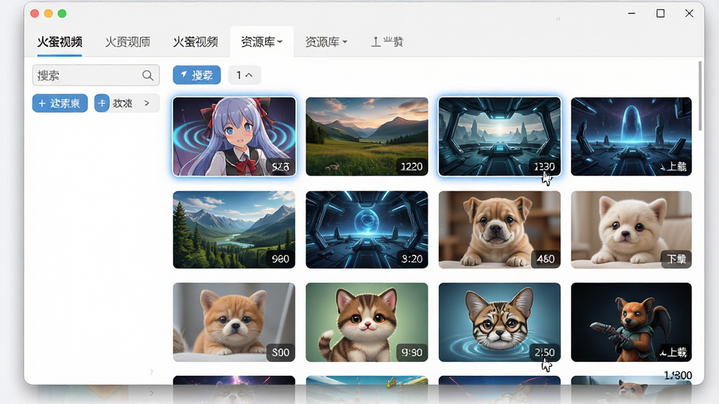 一张展示火萤视频桌面软件资源库界面的图片,画面主体为软件主窗口,窗口内以网格形式排列着多张动态壁纸缩略图,缩略图内容包含动漫角色、自然风景、科幻场景、萌宠动物等,窗口顶部有分类导航栏,左侧有搜索框与筛选按钮,整体布局清晰整洁,风格为现代扁平化设计,细节包括缩略图的动态波纹标记、鼠标悬停时的高亮边框、右下角的下载量数字,画质为高清,画面干净,无多余元素,图片中不出现任何文字。