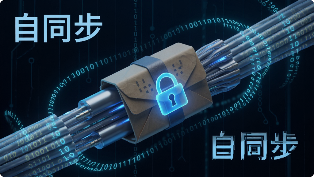 一张展示数据加密传输的图片,主体是一个带有锁形图标的文件包裹在光缆中快速移动,布局采用对角线构图,风格为网络安全主题的科技感插画,细节上光缆周围有二进制代码环绕,锁图标发出蓝色光芒,画质高清,画面干净,无多余元素,图片中打文字“自同步”