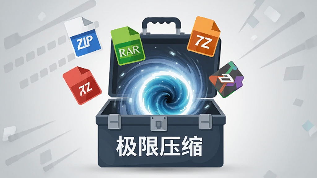 一张AI生成的示意图,画面中央是一个写着“极限压缩”的万能工具箱,箱子里飞出各种格式的图标(ZIP、RAR、7Z),这些图标正被吸入一个发光的漩涡中,背景是浅灰色渐变,主体突出,布局动感,风格为现代扁平插画,细节丰富,画质清晰,画面干净
