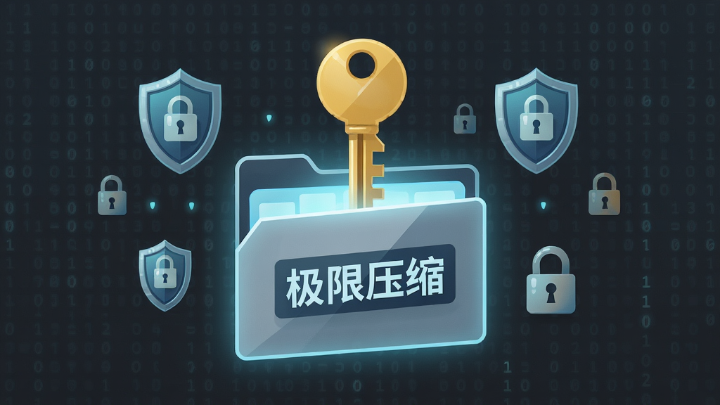 一张AI生成的概念图,一把金色的钥匙插在一个发光的“极限压缩”文件包上,周围环绕着盾牌和锁的图标,背景是深灰色的安全代码流,主体明确,布局对称,风格为扁平化安全主题,细节精致,画质清晰,画面干净