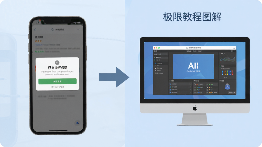 一张AI生成的教程图解,画面分为左右两部分,左边是手机屏幕显示授予权限的界面,右边是电脑屏幕显示极限压缩软件界面,中间用箭头连接,背景是柔和的浅蓝色,主体清晰,布局合理,风格为扁平化教程插画,细节到位,画质清晰,画面干净,无多余元素