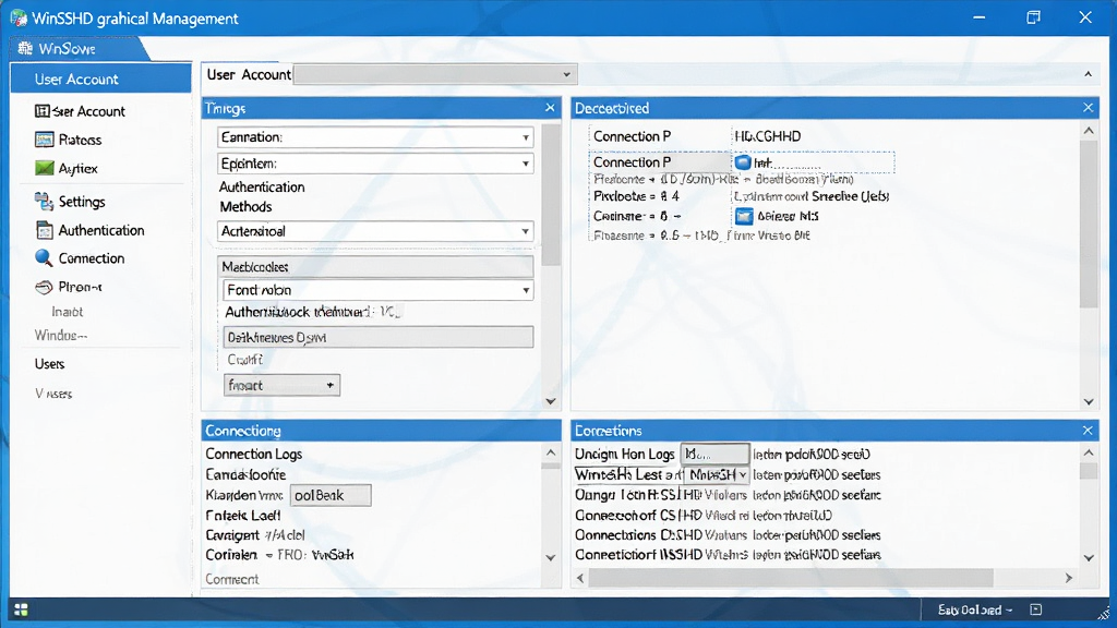 WinSSHD graphical management interface screenshot, showing user account settings, authentication methods, and connection logs, clean Windows-style UI, blue accent colors, detailed menus and options, professional software design, high quality render