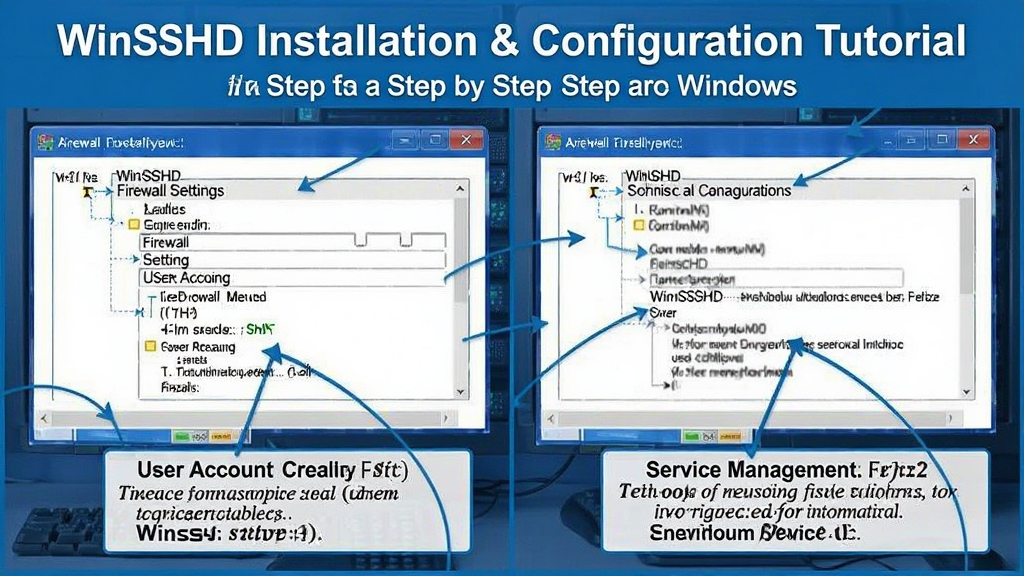 WinSSHD installation and configuration tutorial on Windows, step by step guide showing firewall settings, user account creation, and service management, clear screenshots with annotations, professional tech tutorial style, blue and white color scheme, detailed and informative