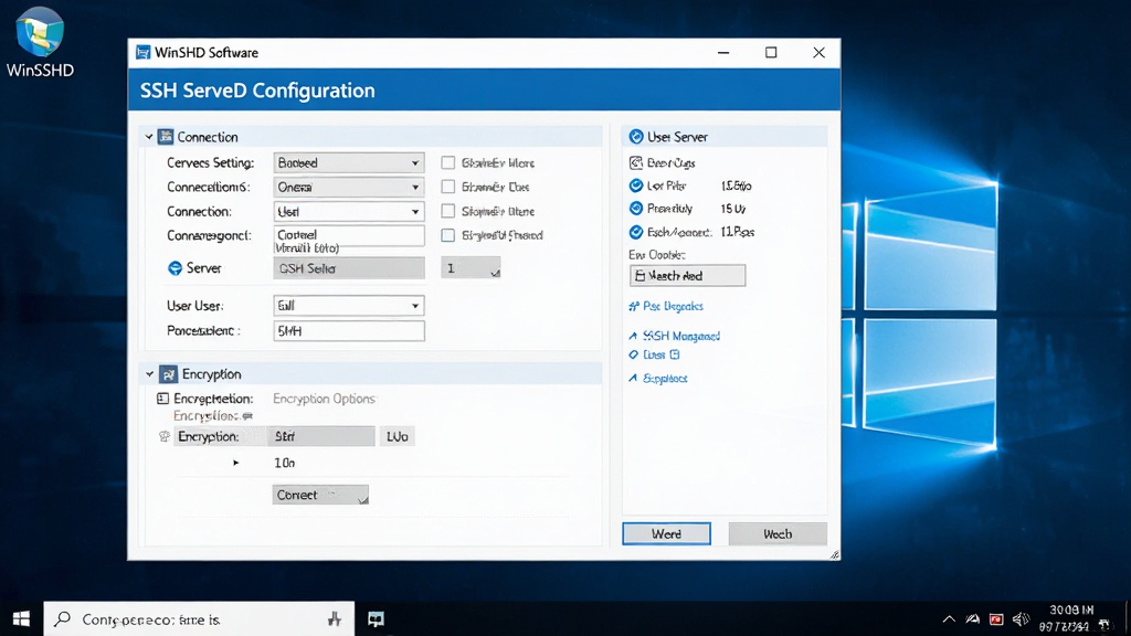 WinSSHD software interface showing SSH server configuration panel on Windows desktop, main window with connection settings, user management section, encryption options visible, clean professional layout, blue and white color scheme, detailed UI elements, high resolution screenshot style, clear and organized, no clutter