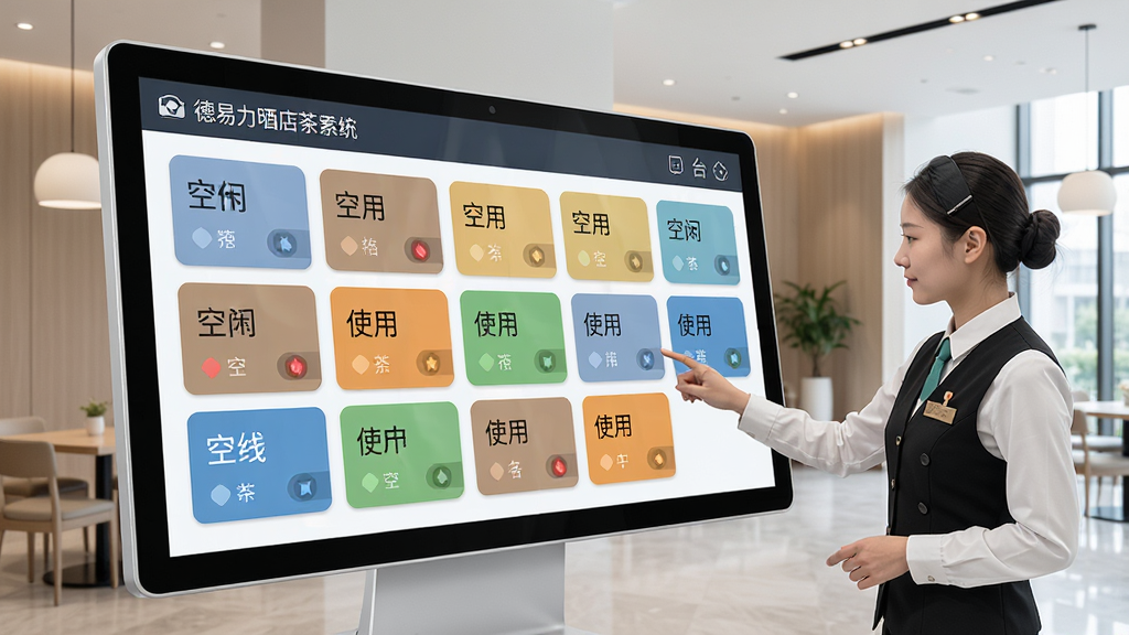 德易力明酒店茶楼管理系统房台管理界面,画面主体为一块大型触控显示屏,屏幕上以网格形式排列着多个包间卡片,卡片颜色区分空闲与使用中状态,旁边有服务员正在点击操作,背景是茶楼大厅环境,现代简约风格,细节清晰,画质干净,无多余元素