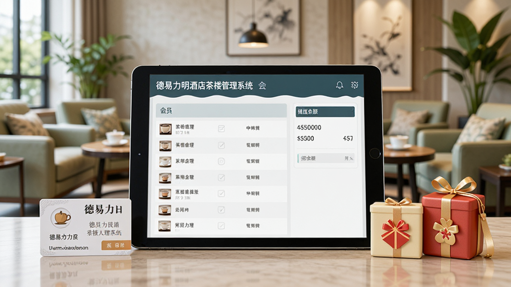 德易力明酒店茶楼管理系统会员管理界面,画面主体为平板电脑屏幕,显示会员列表和储值余额信息,屏幕旁边有会员卡和积分礼品,背景是茶楼休息区,清新商务风格,细节清晰,画质干净,无多余元素