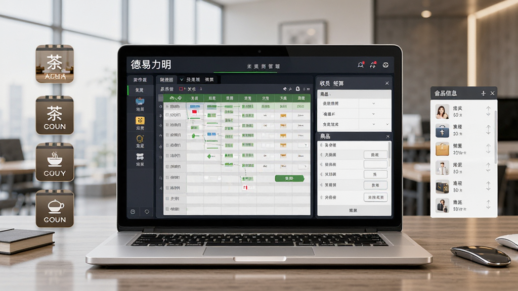 德易力明酒店茶楼管理系统软件主界面,画面中央是一台打开的笔记本电脑,屏幕上显示酒店茶楼管理系统的房台状态图和收银结算面板,左侧有茶楼包间图标,右侧有会员信息和商品列表,整体布局清晰,现代商务风格,细节丰富,画质干净,无多余元素