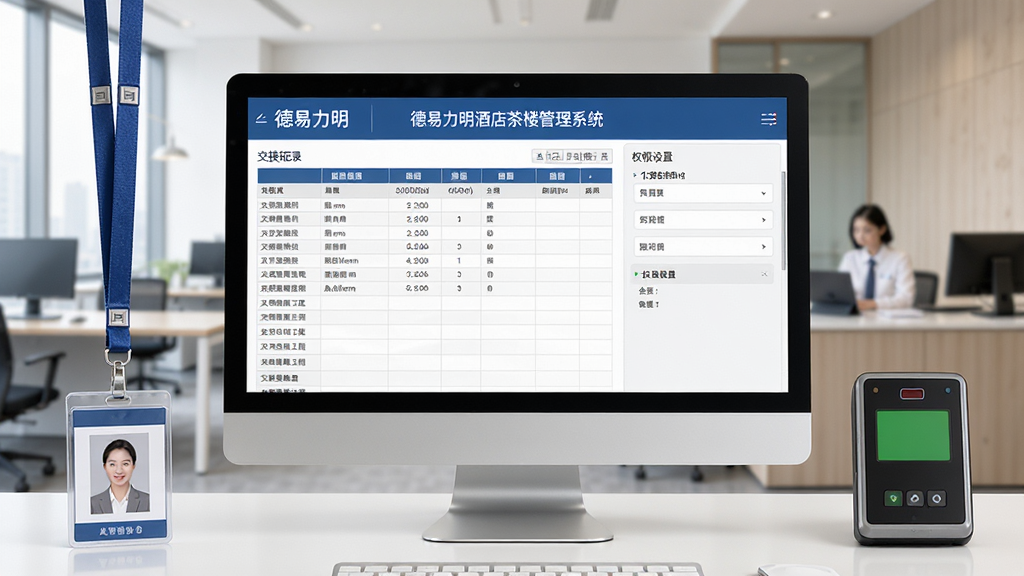 德易力明酒店茶楼管理系统员工交接班界面,画面主体为电脑屏幕,显示交接班记录表格和权限设置面板,屏幕旁边有员工工牌和考勤机,背景是办公室环境,商务简约风格,细节清晰,画质干净,无多余元素
